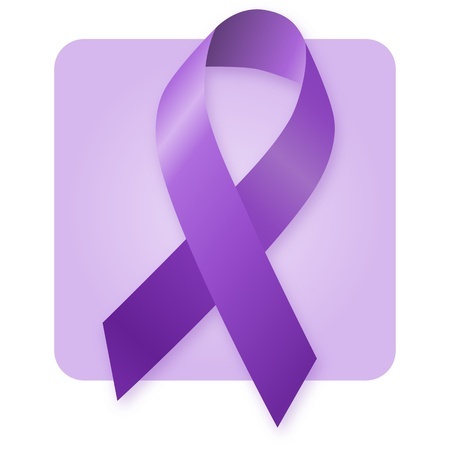 The purple ribbon symbolizes pancreatic cancer awareness.